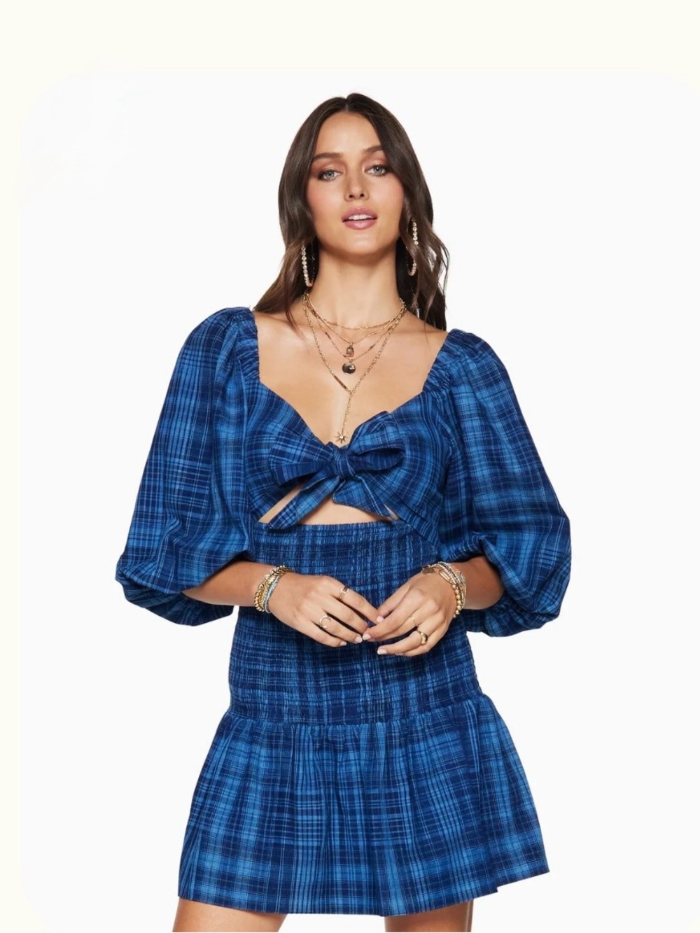 Ramy Brook Blue Plaid Smocked Mini Dress Balloon Sleeve Cotton Sz S Retail $425